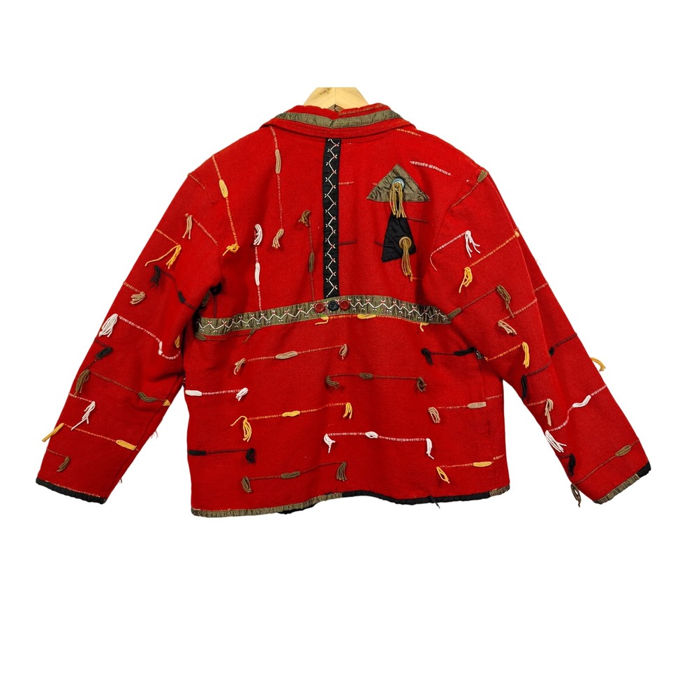 Red‎ Artisan Jacket Textured Tassels Geometric Appliqué Artwear M Boho Unique - Picture 2 of 8
